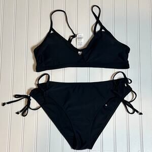 Cupshe Women Bikini Swimsuit Black Front Cutout Tie Side Size L